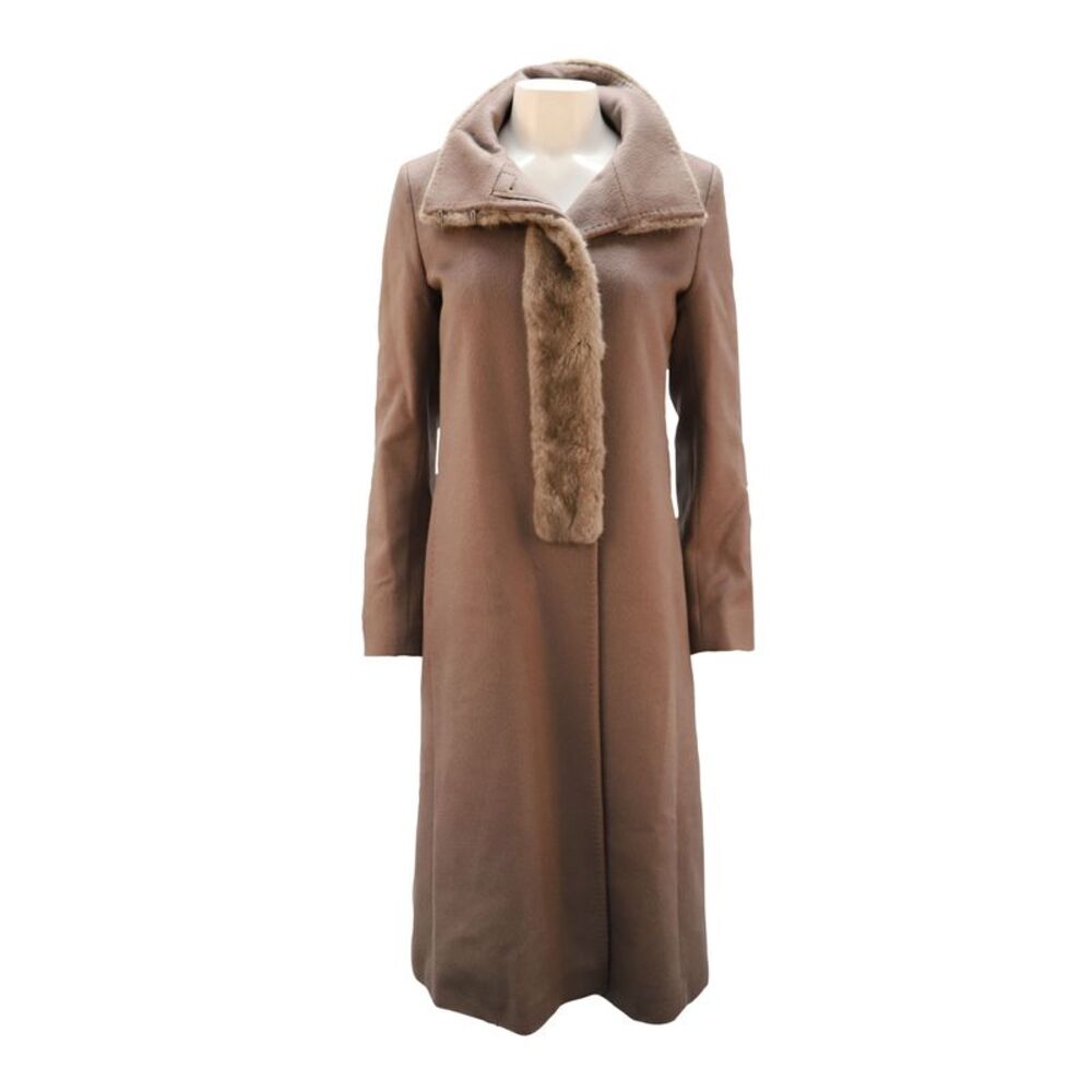 Max Mara Long Jacket with Faux Fur Collar in Brown Alpaca Fibre